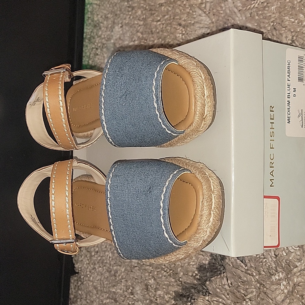 Marc Fisher Denim Blue and Tan Espadrille Sandals - Picture 2 of 8